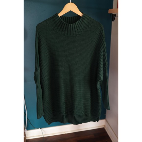 French Connection Sz L Emarald Green Chunky Knit Oversized Mock Neck Sweater - Picture 1 of 8